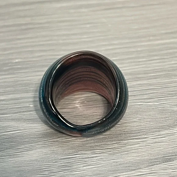 Vintage Glass Ring with Silver and Teal Stripes, Size 6.5, Boho - Picture 3 of 4
